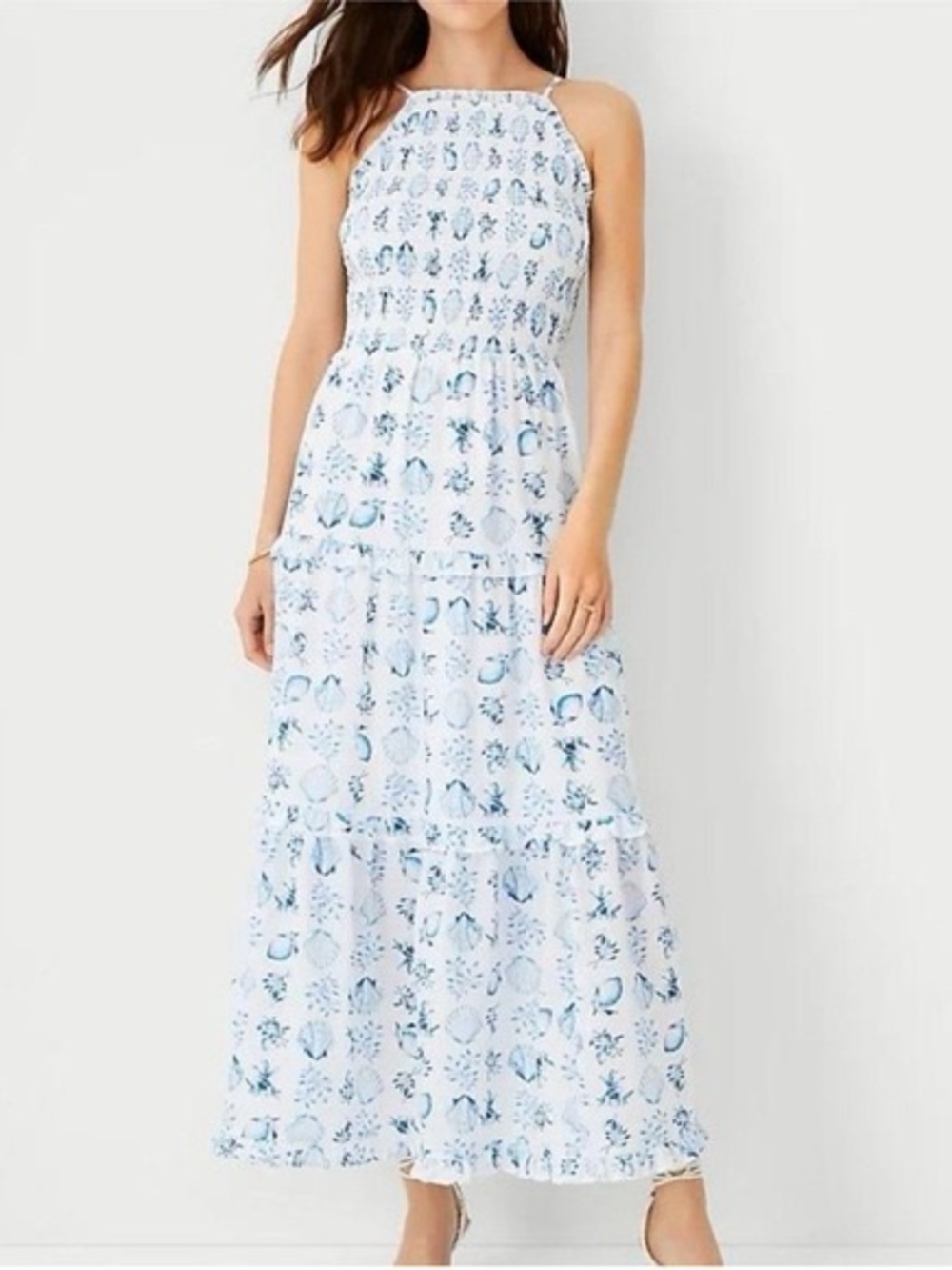 Ann Taylor Light Blue Shell-Print Smocked Tiered Maxi Dress Size XS